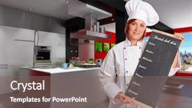  Presentation with chef blackboard - Beautiful slides featuring nutrition 3d - woman with chef attire holding backdrop and a gray colored foreground
