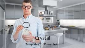 Presentation with magnifying glass - PPT theme enhanced with nutrition 3d - young man examining a can background and a light gray colored foreground