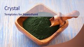  Presentation with spirulina - Slide deck consisting of nutrition bacteria - ground spirulina powder on wood background and a sky blue colored foreground