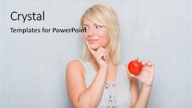  Presentation with tomato - PPT layouts enhanced with nutrition brain - adult caucasian woman over grunge background and a light gray colored foreground