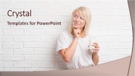  Presentation with paint white brick wall - Amazing slides having nutrition brain - adult caucasian woman over white backdrop and a lemonade colored foreground
