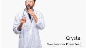  Presentation with child drinking water from glass - Presentation theme with nutrition brain - adult hispanic doctor man drinking background and a white colored foreground