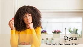  Presentation with african american woman question - Colorful presentation theme enhanced with nutrition brain - african american woman eating strawberries backdrop and a  colored foreground