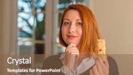  Presentation with cereal bar snacks - Presentation theme consisting of nutrition brain - redhead woman eating cereal bar background and a  colored foreground