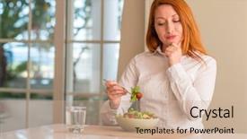  Presentation with eating - Slide deck featuring nutrition brain - redhead woman eating fresh green background and a  colored foreground