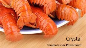  Presentation with nutrition - Audience pleasing presentation consisting of nutrition cancer - tasty crayfishes on plate isolated backdrop and a yellow colored foreground