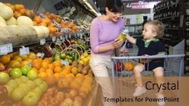  Presentation with grocery - Slide set with nutrition child - caucasian mid-adult woman grocery shopping background and a gold colored foreground