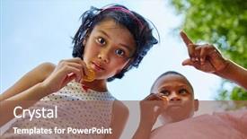  Presentation with eat - Cool new slides with nutrition comunity - boy and girl eat cookies backdrop and a  colored foreground