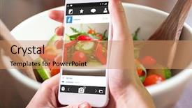  Presentation with hand holding earth - Presentation theme with nutrition comunity - hand holding smartphone against close background and a coral colored foreground