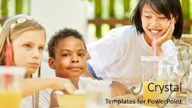  Presentation with children nutrition - Audience pleasing slide set consisting of nutrition comunity - multicultural group of children has backdrop and a lemonade colored foreground