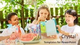  Presentation with multicultural kids - Colorful slides enhanced with nutrition comunity - multicultural group of kids is backdrop and a lemonade colored foreground