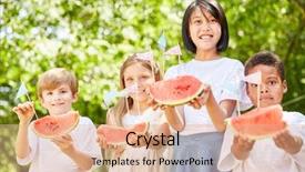  Presentation with multicultural kids - Colorful presentation design enhanced with nutrition comunity - multicultural group of kids serving backdrop and a coral colored foreground