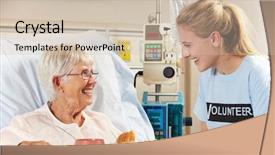  Presentation with female hospital patient - PPT theme having nutrition comunity - teenage volunteer serving senior female background and a soft green colored foreground