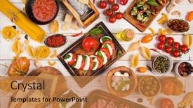 Presentation with italian food - Amazing slides having nutrition design - italian food ingredients on old backdrop and a coral colored foreground
