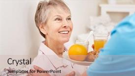  Presentation with nutrition disease - Colorful presentation theme enhanced with nutrition disease - senior woman with healthy breakfast backdrop and a soft green colored foreground