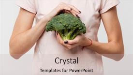 Presentation with spinach lettuce berries mushrooms broccoli - Presentation theme having nutrition drinks minnerals vitamins - close up of a woman background and a soft green colored foreground