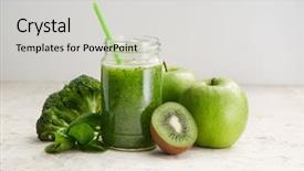  Presentation with green glass - Audience pleasing presentation theme consisting of nutrition drinks minnerals vitamins - healthy green smoothie and ingredients backdrop and a  colored foreground