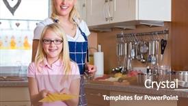  Presentation with cooking cartoon - Colorful PPT theme enhanced with nutrition education - mother and daughter cooking together backdrop and a tawny brown colored foreground