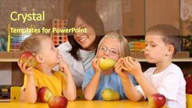  Presentation with nutrition education - Presentation theme featuring nutrition education - teacher and three preschoolers having background and a tawny brown colored foreground