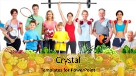  Presentation with group fitness - Slide set with nutrition exercise - group of fitness people background and a gold colored foreground