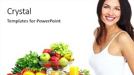  Presentation with fresh fruits vegetables heart - Amazing PPT theme having nutrition exercise - young healthy woman with fruits backdrop and a white colored foreground