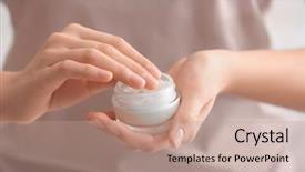  Presentation with cream - Theme having nutrition healing - young woman applying hand cream background and a coral colored foreground