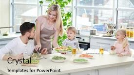  Presentation with family health - Beautiful PPT layouts featuring nutrition health - happy family having breakfast backdrop and a soft green colored foreground