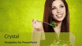  Presentation with nutrition - Cool new PPT theme with nutrition health - woman eating salad backdrop and a gold colored foreground