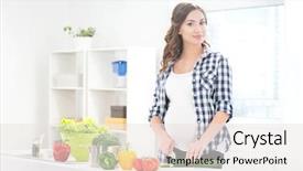  Presentation with pregnant woman - Amazing theme having nutrition month - beautiful pregnant smiling woman cutting backdrop and a sky blue colored foreground