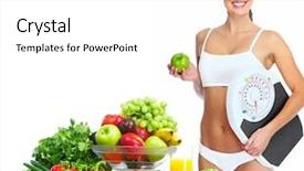  Presentation with fruits and vegetables - Slide deck having nutrition obesity - young healthy woman with fruits background and a white colored foreground