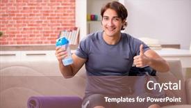  Presentation with one young man exercising handball - PPT theme consisting of nutrition physical activity - young handsome man doing sport background and a  colored foreground