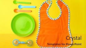  Presentation with tableware - PPT theme with nutrition safety - bright baby tableware and bib background and a gold colored foreground