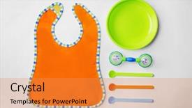  Presentation with bright white - Audience pleasing PPT layouts consisting of nutrition safety - bright baby tableware and bib backdrop and a gold colored foreground