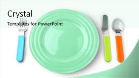  Presentation with half white and half bright coloured - Colorful slide deck enhanced with nutrition safety - bright baby tableware on white backdrop and a soft green colored foreground