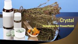  Presentation with homeopathy - Presentation theme with nutrition supplement - bottles of medicines and herbs background and a tawny brown colored foreground