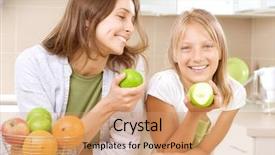  Presentation with healthy eating - Theme with nutrition teenagers - happy mother with daughter eating background and a coral colored foreground