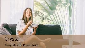 Presentation with healthy living - PPT theme consisting of nutrition teenagers - teenage girl eating morning breakfast background and a coral colored foreground