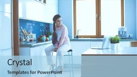  Presentation with table ronde - Cool new theme with nutrition teenagers - young woman sitting on table backdrop and a  colored foreground