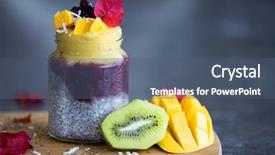  Presentation with pudding - Theme having nutritious chia pudding on a glass jar with assorted fruits background and a ocean colored foreground