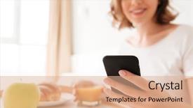  Presentation with lady - PPT layouts featuring nutrtion app - image of smiling young lady background and a coral colored foreground