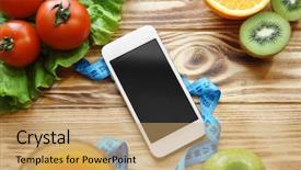  Presentation with loss - Colorful presentation design enhanced with nutrtion app - mobile phone and healthy food backdrop and a coral colored foreground