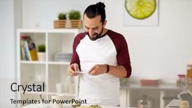  Presentation with food technology - Colorful PPT layouts enhanced with nutrtion app - vegetarian food healthy eating people backdrop and a  colored foreground