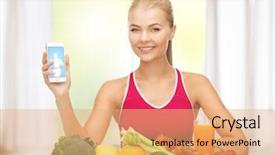  Presentation with frame of fruits and vegetables - Cool new PPT layouts with nutrtion app - woman with fruits and vegetables backdrop and a coral colored foreground