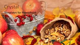  Presentation with autumn leaves - PPT layouts enhanced with nuts in a sack fruits and vegetables on fallen leaves background autumn season background and a coral colored foreground