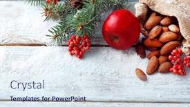  Presentation with snow tree - PPT theme featuring nuts with sprig of christmas tree and apple on covered with snow color wooden background background and a sky blue colored foreground