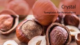  Presentation with wooden board empty table top - Colorful presentation enhanced with nutshell - hazelnuts and hazelnut leaves backdrop and a red colored foreground