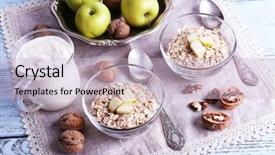  Presentation with yogurt - Audience pleasing PPT theme consisting of oatmeal in bowls walnuts apples and yogurt on napkin on blue wooden background backdrop and a lemonade colored foreground