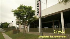  Presentation with dealership - Beautiful presentation theme featuring buildings exterior vacant - empty car dealership state backdrop and a tawny brown colored foreground
