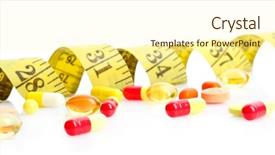  Presentation with obesity - Beautiful slide set featuring obesity drugs - measuring tape and pills isolated backdrop and a  colored foreground