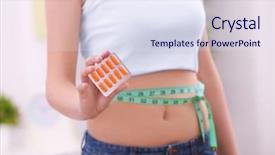  Presentation with weight loss lose text - Presentation theme consisting of obesity drugs - young woman with pills background and a sky blue colored foreground